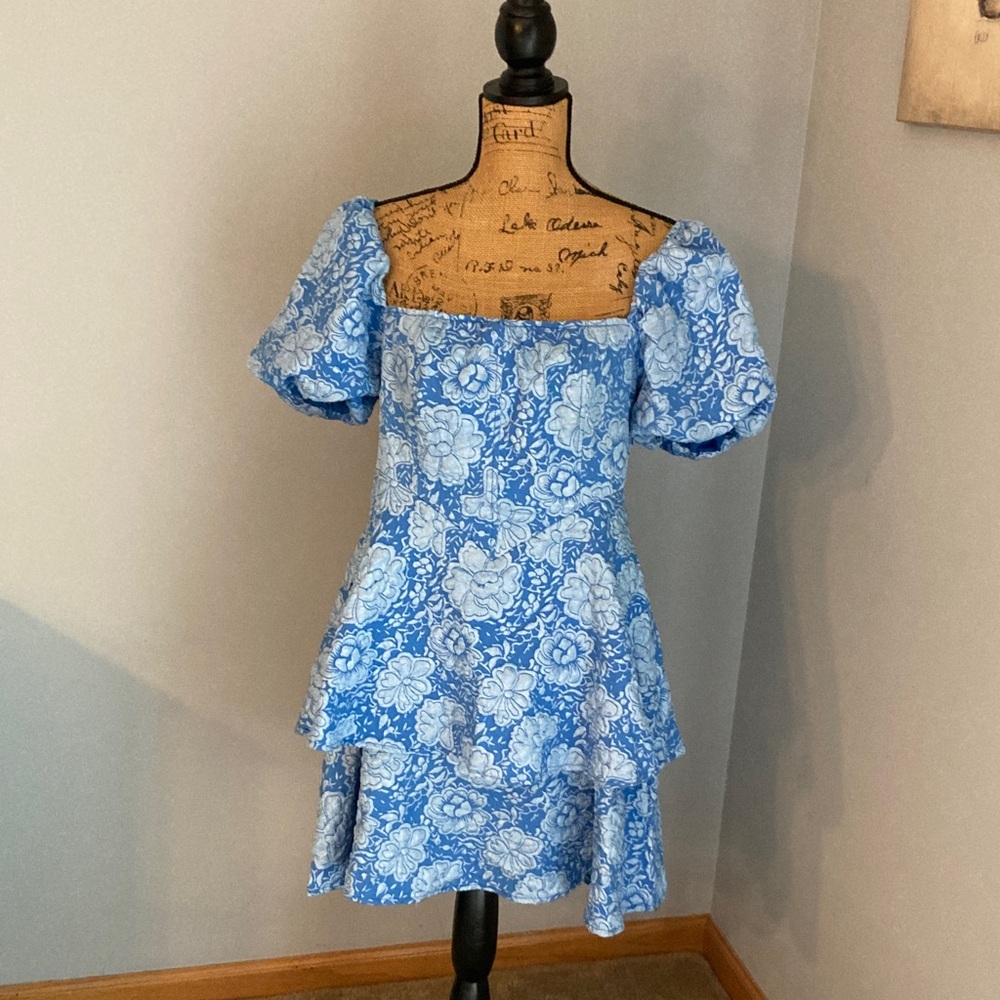 SHEIN Blue Floral Puff Sleeve Tiered Skirt Mini Dress Women Size L
